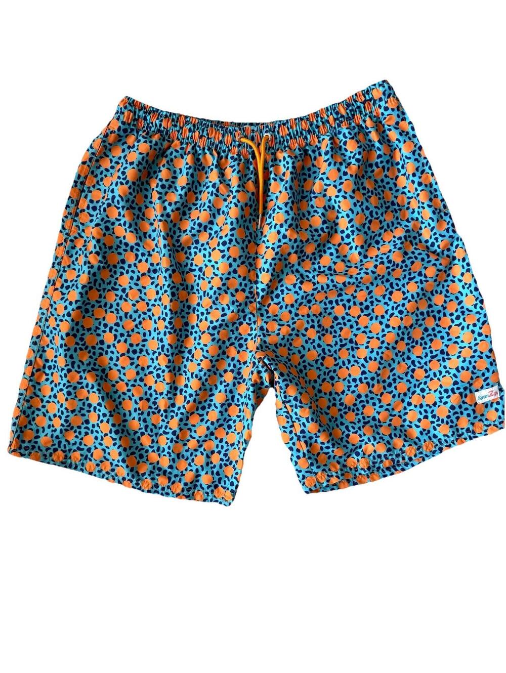 SwimZip Men’s Swim Trunks Large Blue Orange Polka Dot Beach Board Shorts